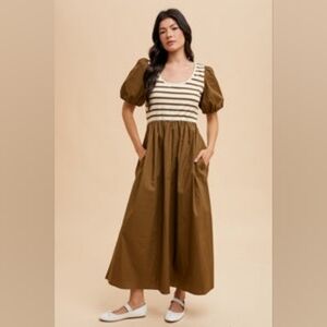 Brown Striped Dress With Stretchy bodice and structured skirt and sleeve NWT